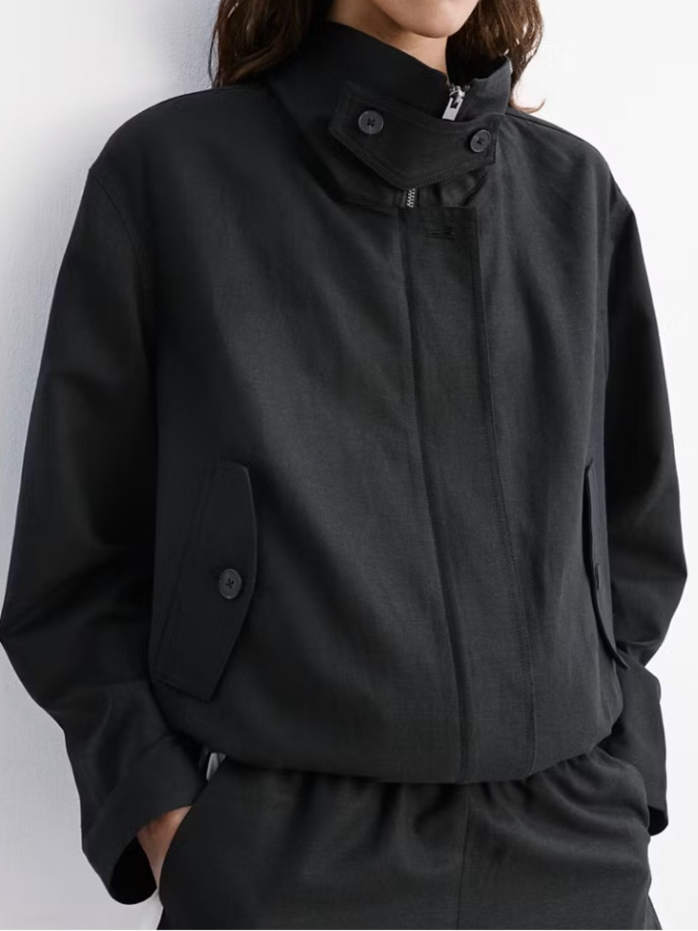 Mango Black Bomber Jacket with Button-Flap Pockets FUNNEL-NECK BOMBER JACKET